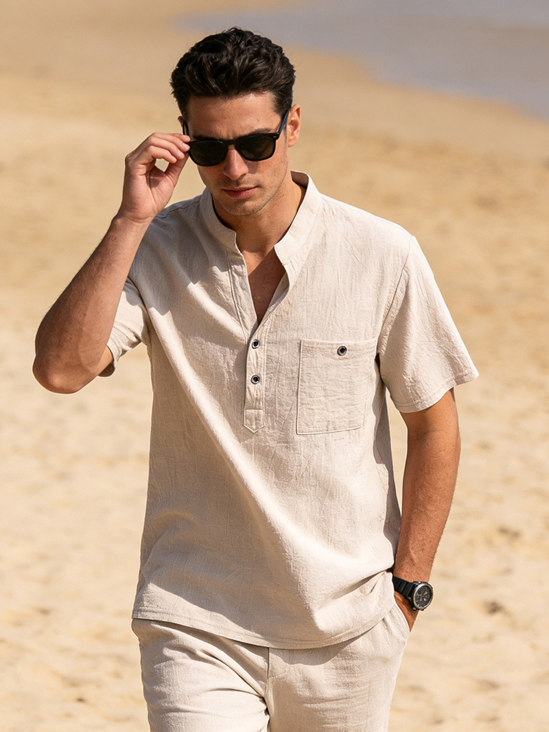 Men's Cotton Linen Henley Shir – Linen Shirt Breathable recenzja i cena