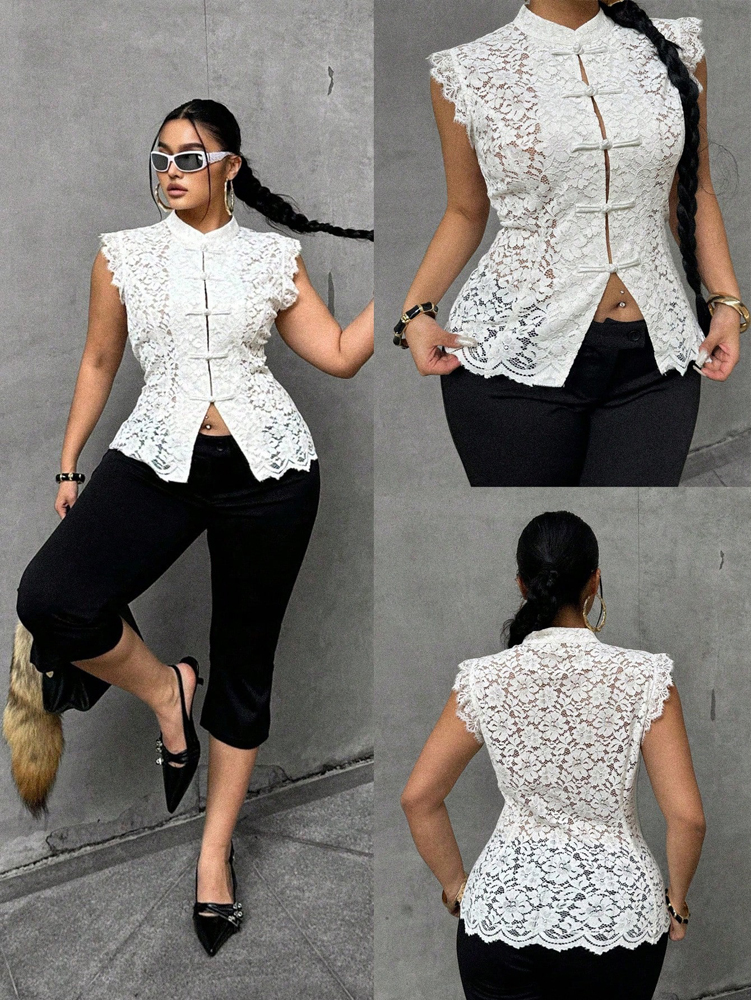 Plus Size Elegant Lace Blouse, – Shirt Camp Collar recenzja i cena