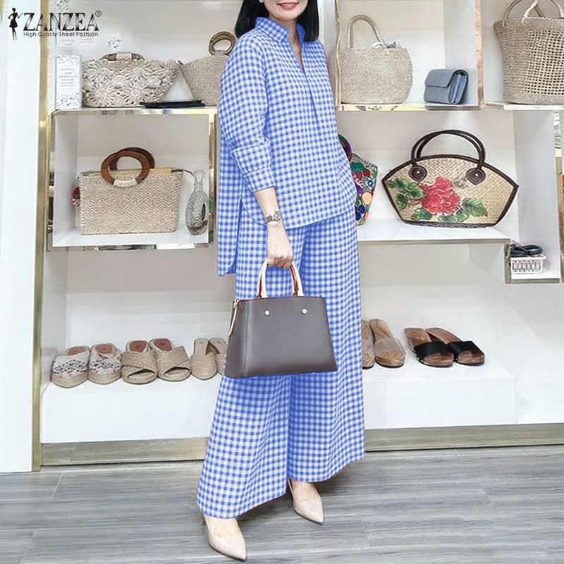 ZANZEA Women's Gingham Pant Su – Shirt Camp Collar recenzja i cena