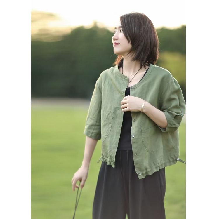 Retro round Neck Cotton Linen  – Short Linen Drawstring recenzja i cena