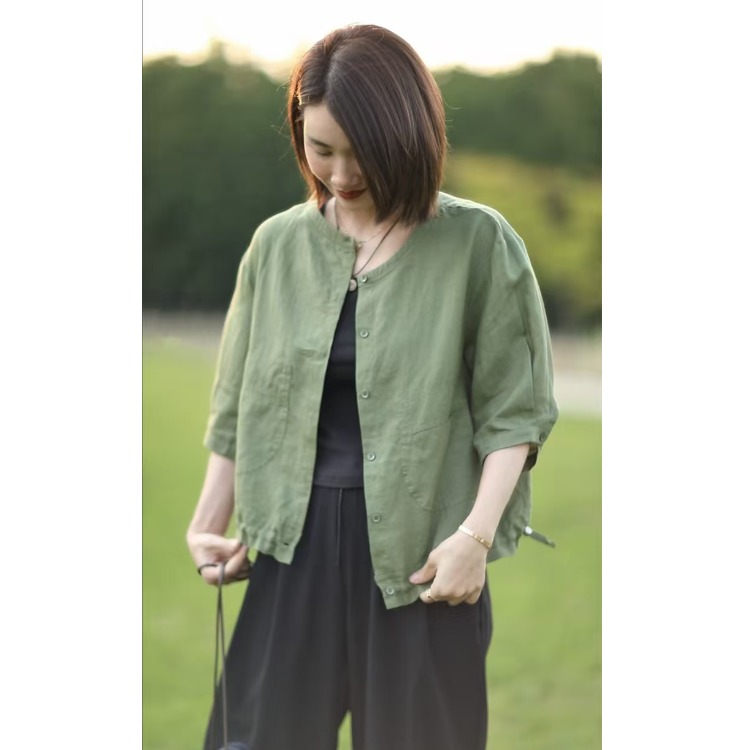 Retro round Neck Cotton Linen  – Short Linen Drawstring recenzja i cena