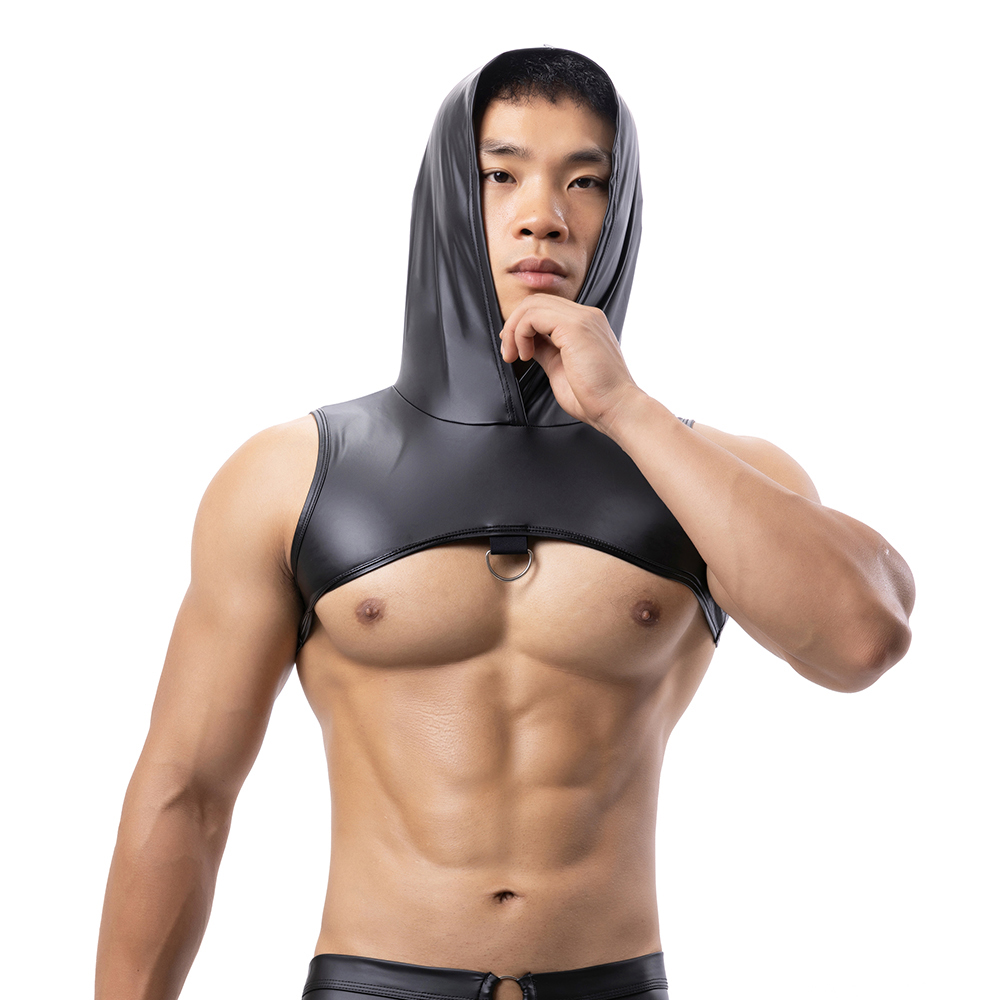 Men Faux Leather Hooded Fitnes – Tank Top Muscle recenzja i cena