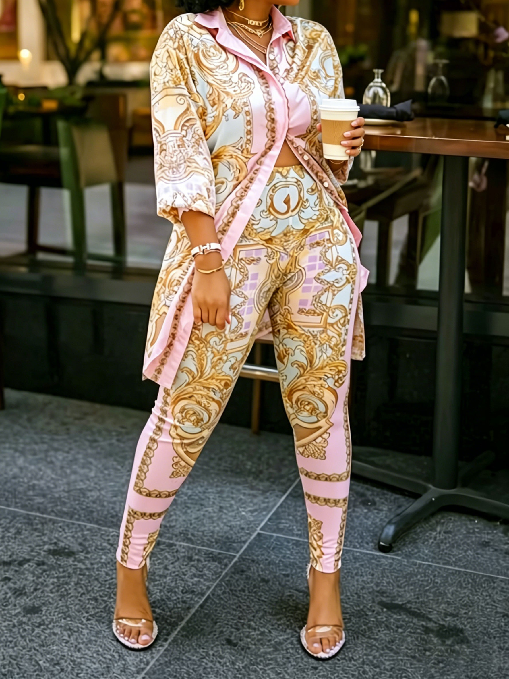 Women 2 Piece Set Ornate Print – Shirt Camp Collar recenzja i cena