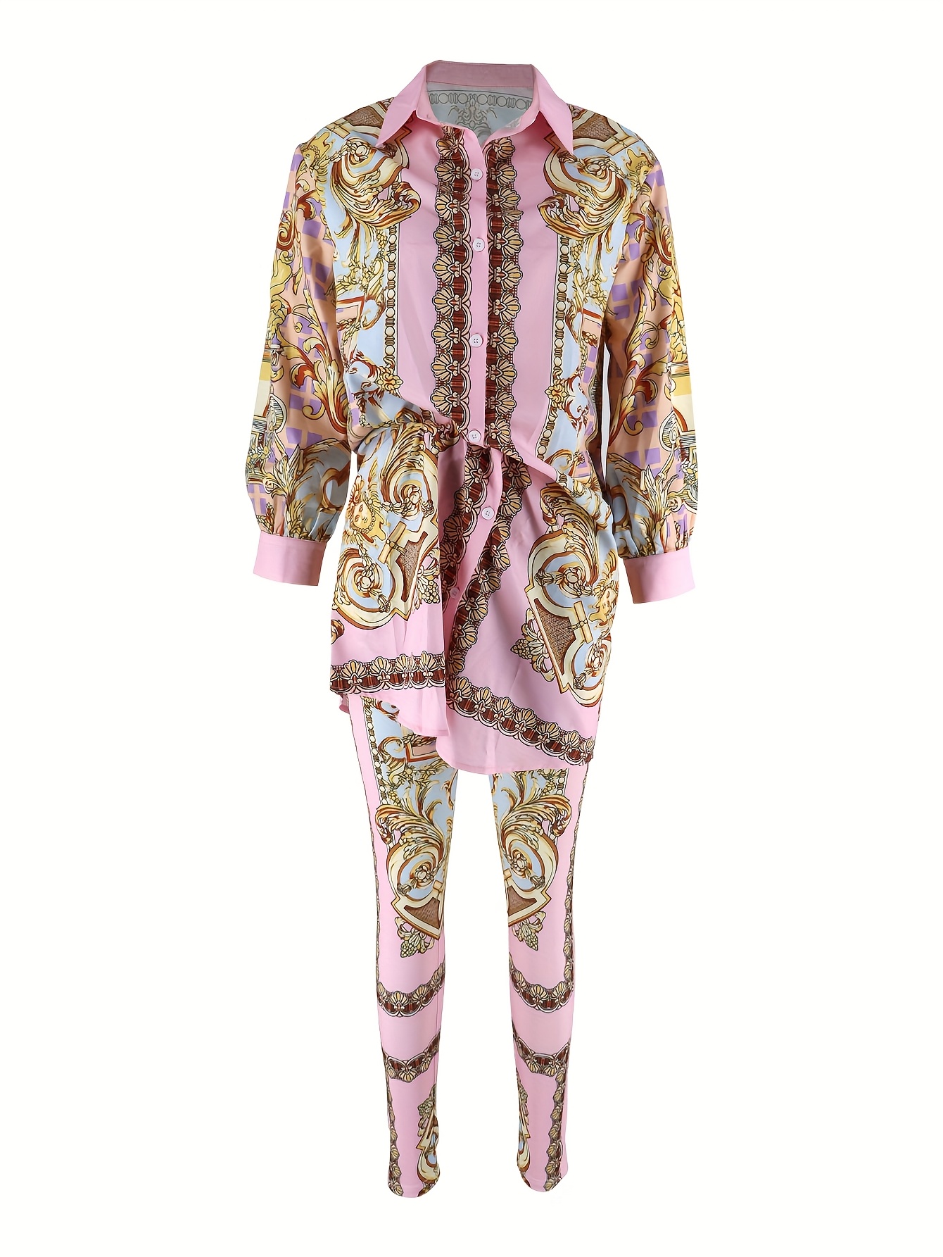 Women 2 Piece Set Ornate Print – Shirt Camp Collar recenzja i cena
