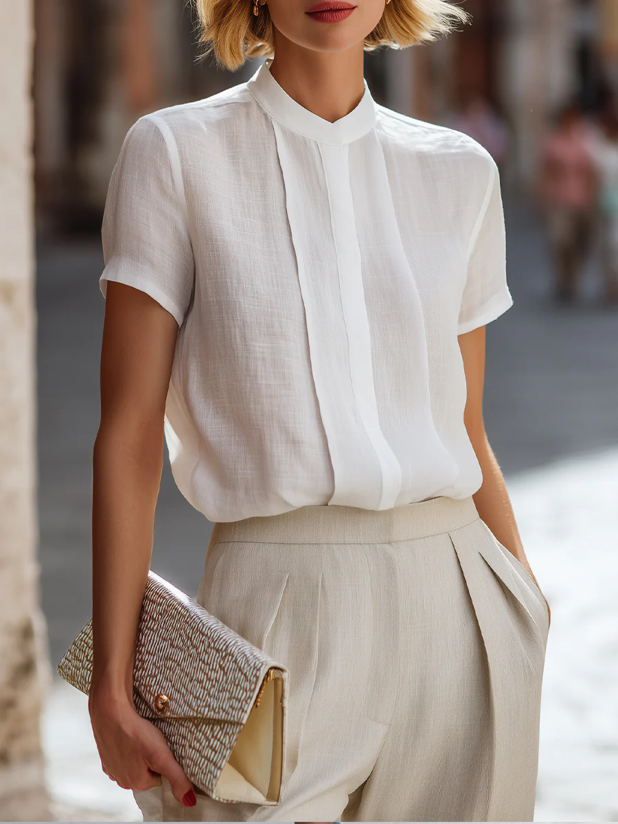 Women's Short Sleeve Pleated F – Shirt Camp Collar recenzja i cena