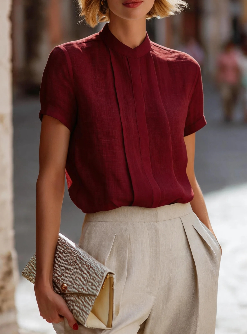 Women's Short Sleeve Pleated F – Shirt Camp Collar recenzja i cena
